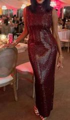 Elegant Diamonds Stand Collar Sleeveless Back Double Zipper Split Dress