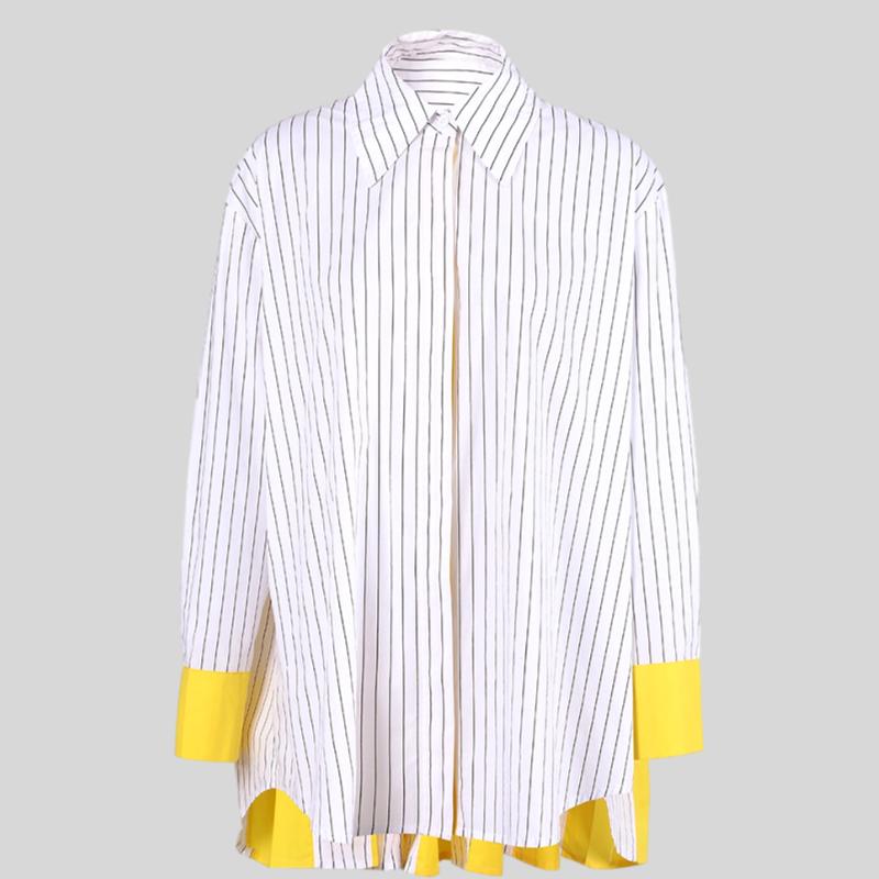 Lapel Single Breasted Full Sleeves Stripe Back Contrast Stitching Blouses