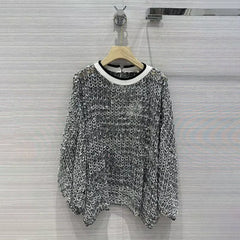 Heavy Fish Scale Sequins Hollow Round Neck Long Sleeve Top