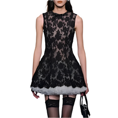 Fluffy sleeveless chic bow decorated lace mesh A-line waisted dress