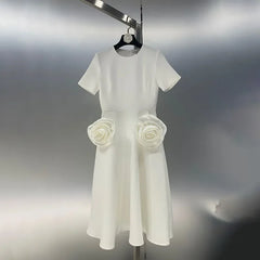 Three-dimensional rose round neck short sleeve dress