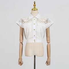 Hollow Out Chic Two Piece Sets Lapel Short Sleeve Spliced Button Tops High Waist Long Skirt Elegant Set