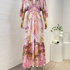 Silk Diamonds Pink Floral Print Half Sleeve Elastic High Waist Dress