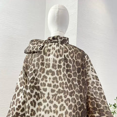 Linen Silk Bow Tie Turtleneck Brown Leopard Print Full Lantern Sleeve Top