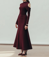 O-neck Hollow Out Pleated High Waist Elegant Knitted Dress