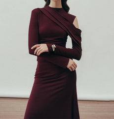 O-neck Hollow Out Pleated High Waist Elegant Knitted Dress