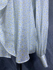 Bow Tie Elegant Little Floral Prints Long Sleeve Silk Shirt Top