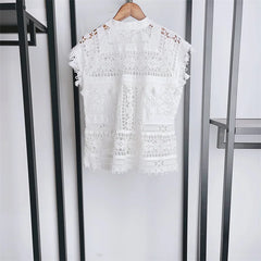 Embroidery Hollow Out Set O-Neck Sleeveless Single Breasted Blouse or Sweet A-Line Midi Skirt Set