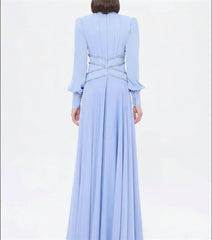 Classic Jersey Button Rhinestone A-line High Collar Long Dress