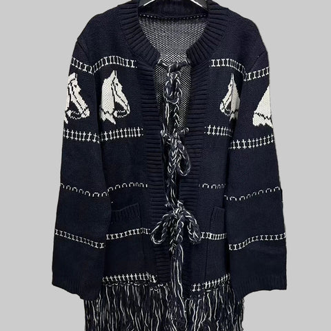 Knitted blended Belt Turn Down Collar Coat