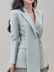 Notched Double Breasted Blazer High Waist Contrast Color Pleated Skirt