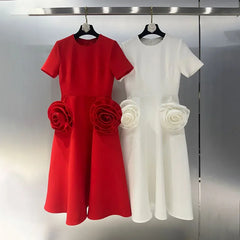 Three-dimensional rose round neck short sleeve dress