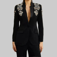 V Neck Long Sleeves Patchwork Button Blazer