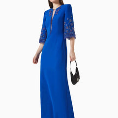 Straight Luxury Beads Crystals Round Neck 3/4 Sleeves Royal Blue Dress