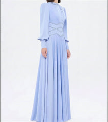 Classic Jersey Button Rhinestone A-line High Collar Long Dress