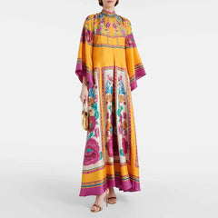 Ethnic Retro Spring Print Boho Long  Stand Collar Lace-up Party Long Sleeve Loose  Maxi Dress