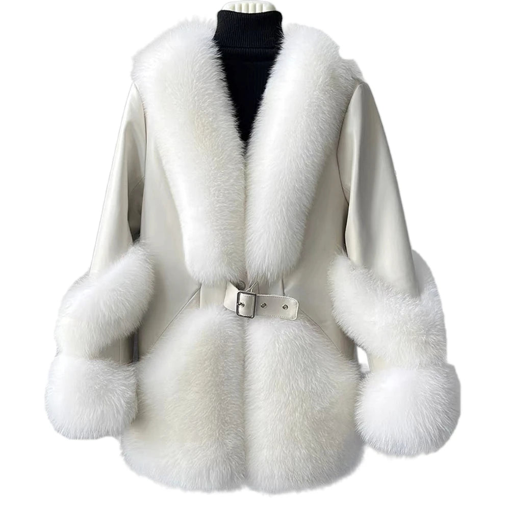 Fox Fur Mid-Length Sheepskin Coat