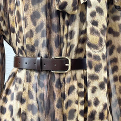 Leopard High Quality Full Lantern Sleeve Lace-up Bow Belted Vintage Midi Dresses