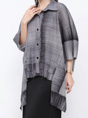 Solid Straight Grid Stand Collar Long Sleeve Patchwork Button Top