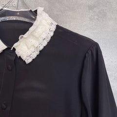 Lace hook flower hollow lotus leaf edge splicing long sleeved silk Top