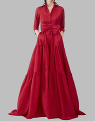 Long Red Taffeta with Pockets A-Line V-Neck Watteau Train Dress