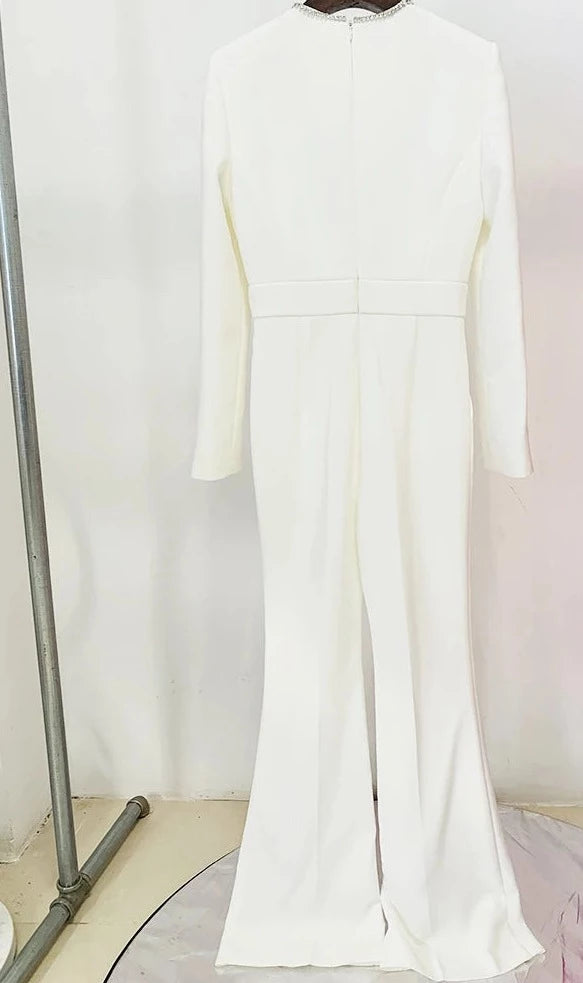 Elegant White Beading Hollow Out Jumpsuit