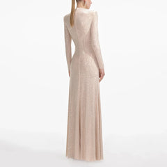 Rhinestone Pleated Round Neck Long Hollow Cut Dress