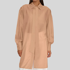 Loose Lapel Long Sleeve Shirt Elegant Classic Tie See Through Top