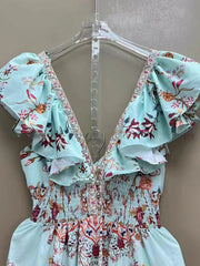 Vintage Print Fly-sleeve V-neck elastic high-waisted dress