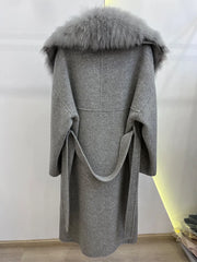Long Wool Cashmere Blended  With Big Real Silver Fox Fur Collar Coat