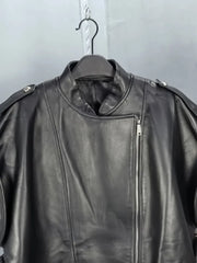 Genuine Leather Suit Collar  Short Sleeves Zipper Sashes Pocket Jackte