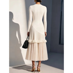 Soft Knit Patchwork Tiered Mesh Pleated-hem Dress - Knot Bene