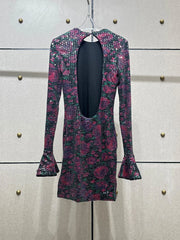 Full body sequins banquet backless floral print round neck long sleeve mini dress