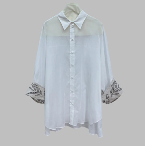 Cotton Shirt Cuffs Embroidered Turn-down Collar Single Breasted Loose Blouse
