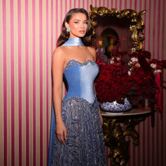Luxury Beaded Blue Velvet Two-Piece with Scarf Evening Dress