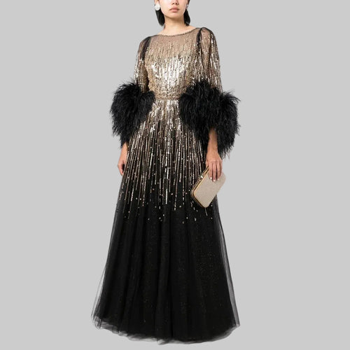 Luxury Feathers Black Half Sleeve Dress