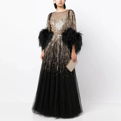Luxury Feathers Black Half Sleeve Dress