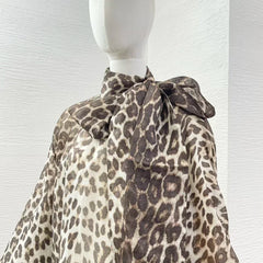 Linen Silk Bow Tie Turtleneck Brown Leopard Print Full Lantern Sleeve Top