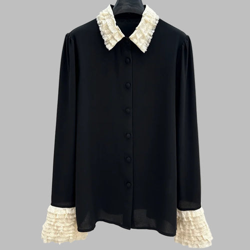 Lace hook flower hollow lotus leaf edge splicing long sleeved silk Top