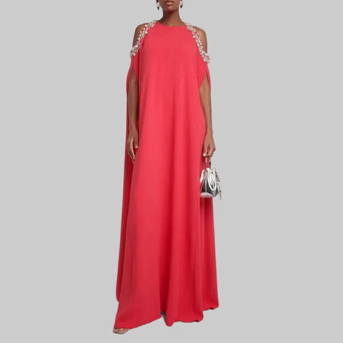 Flare Sleeves Pleated Fuchsia Formal Beading V Neck Dress