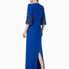 Straight Luxury Beads Crystals Round Neck 3/4 Sleeves Royal Blue Dress