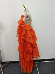 Solid Spliced Ruffles Halter Sleeveless High Wasit Backless Loose Dress