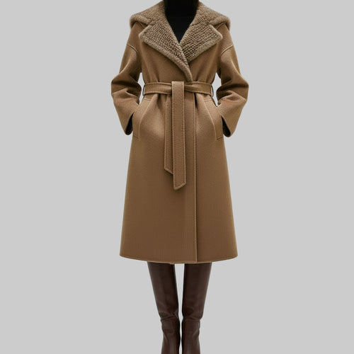 Mink  detachable fur collar knee length  cashmere coat