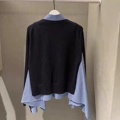 Lapel splicing long-sleeved shirt knitted cardigan Top
