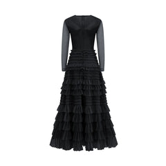 Solid Lace Mesh Spliced Round Neck High Waist Long Sleeve Dress