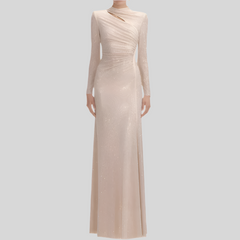 Rhinestone Pleated Round Neck Long Hollow Cut Dress
