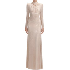 Rhinestone Pleated Round Neck Long Hollow Cut Dress