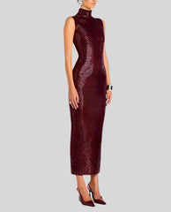 Elegant Diamonds Stand Collar Sleeveless Back Double Zipper Split Dress
