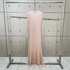 Rhinestone Pleated Round Neck Long Hollow Cut Dress