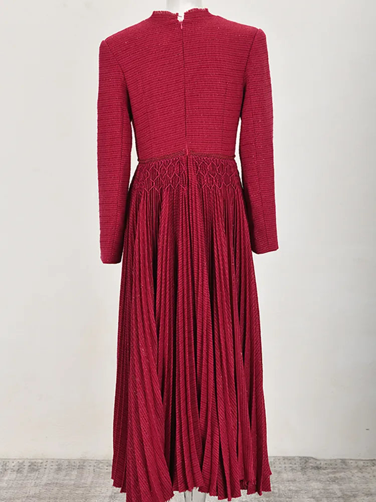V-neck Long Sleeve Hand Knitting Pleated High Waist Dress
